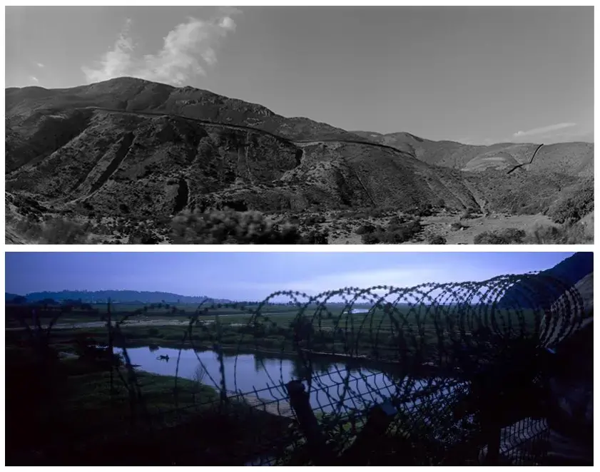 Top image: Looking north from east of Tijuana, Mexico: The U.S. border fence cuts through mountains in the states of California in the U.S. and Baja California in Mexico. Image by © Louie Palu/ZUMA. Mexico, 2012.
Bottom image: A small rowboat used by a scrap smuggler is seen inside North Korea, beyond razor wire from the Chinese side of the border near Dandong, China. North Korean soldiers and workers were observed loading scrap metal into the boat before it crossed the Yalu river to the Chinese riverbank at an illegal crossing point. Image © Tomas van Houtryve/VII. China, 2013. Media file: louie-tomas_eventphoto.jpg