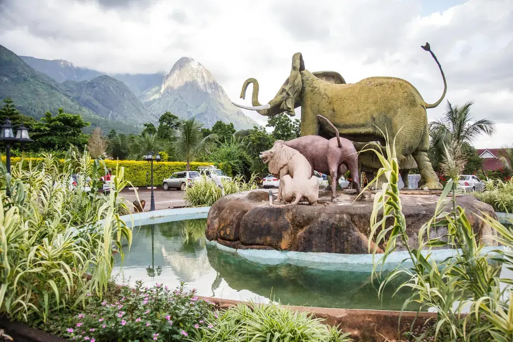 A statue of Africa’s ‘Big Five’ towers in front of the ‘Hapuwani Village Lodge’, a luxurious resort in Mulanje, in the south of Malawi. Image by Nathalie Bertrams. Malawi, 2017. A statue of Africa’s ‘Big Five’ towers in front of the ‘Hapuwani Village Lodge’, a luxurious resort in Mulanje, in the south of Malawi. Image by Nathalie Bertrams. Malawi, 2017.