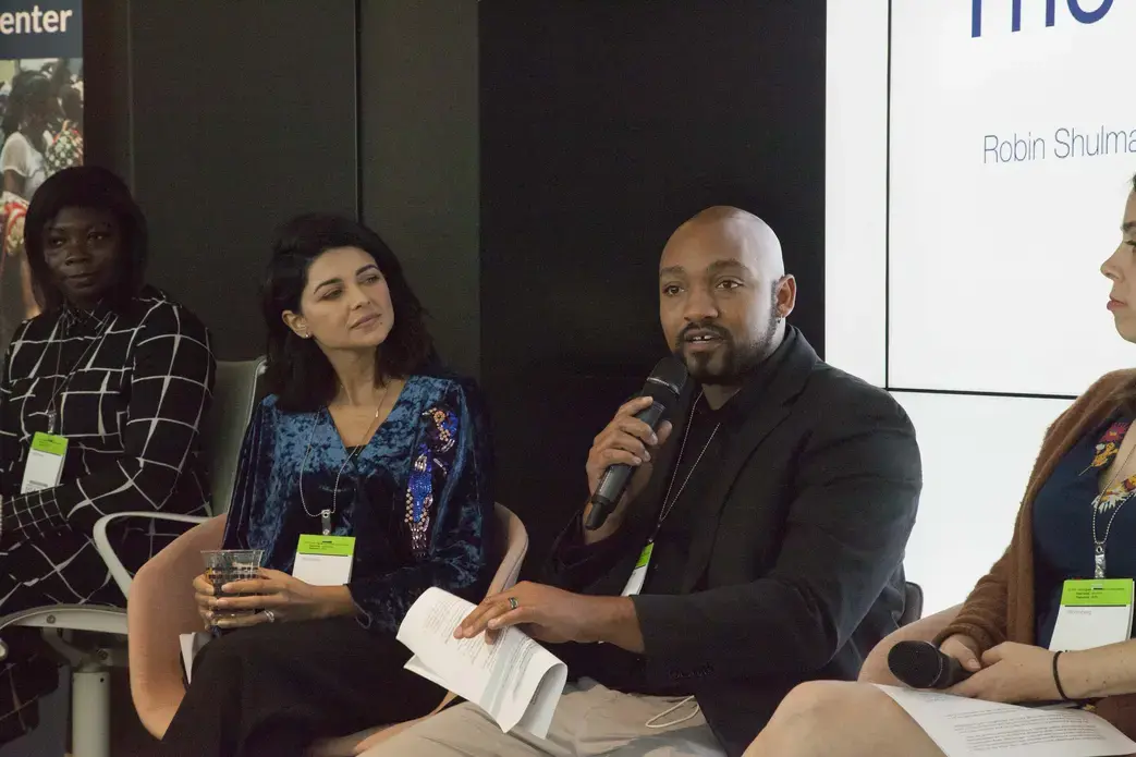 Campus Consortium Coordinator Kayla Sharpe and Voice of America producers Ayesha Gilani Taylor and Randall Taylor on "The Way We Tell Stories." Image by Jin Ding. Washington, DC, 2017.