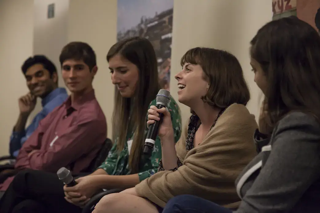 Student fellows Rohan Naik, Tomas Woodall Posada, Kiley Price, Meg Vatterot, and Jacqueline Flynn speak during the "Climate Change and the Environment" panel. Image by Jin Ding. United States, 2018. Student fellows Rohan Naik, Tomas Woodall Posada, Kiley Price, Meg Vatterot, and Jacqueline Flynn speak during the "Climate Change and the Environment" panel. Image by Jin Ding. United States, 2018.