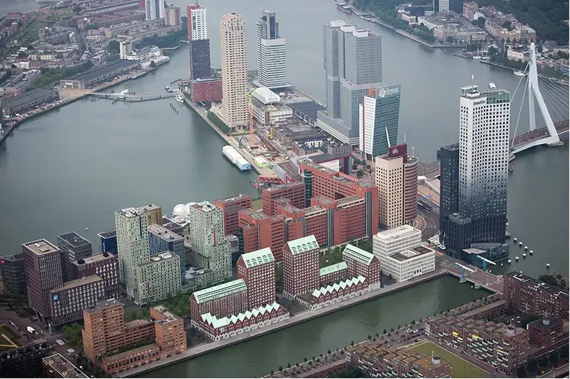 Rotterdam, Europe's largest port, is surrounded by water. Image by Alex Maclean/YaleEnvironment360. Netherlands, 2015. Media file: rotterdam_photo.jpg