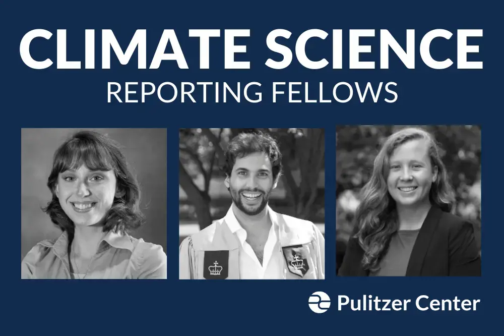 Emery Eisner, an undergraduate at Elon University (left), Agostino Petroni, a graduate of Columbia Graduate School of Journalism (center), and Emma Johnson, a graduate of Yale University's School of the Environment (right), are the winners of the Pulitzer Center's 2021 Climate Science Reporting Fellowships. Graphic by Naomi Andu. United States, 2020.