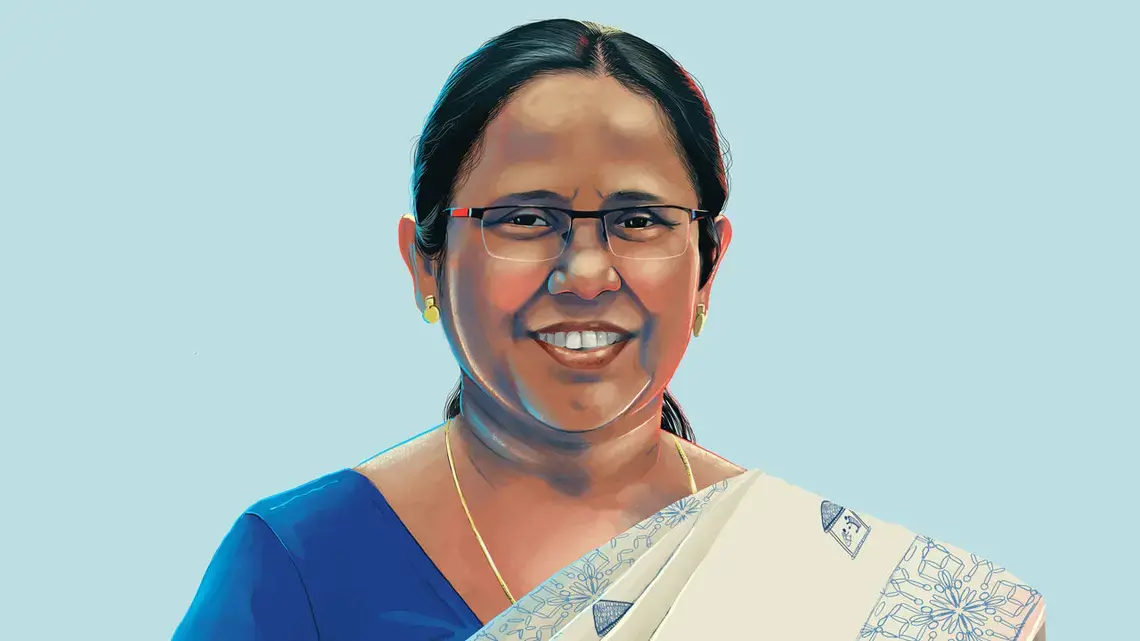 “Until we get a vaccine, all of us will have to sacrifice some pleasures in our lives,” says K. K. Shailaja, health minister of India’s Kerala state. Illustration by Katty Huertas / Science Magazine. United States, 2020. “Until we get a vaccine, all of us will have to sacrifice some pleasures in our lives,” says K. K. Shailaja, health minister of India’s Kerala state. Illustration by Katty Huertas / Science Magazine. United States, 2020.