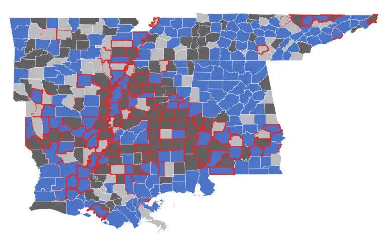This map depicts the Deep South counties that lack ICU beds (dark gray) and hospitals (light gray). The counties outlined in red are counties that suffer from persistent poverty, many of them the same counties where the enslaved populations were the highest. Sources: 1860 Census, Hope Enterprise maps and data. Map by Kristine de Leon / Mississippi Free Press. United States, undated. This map depicts the Deep South counties that lack ICU beds (dark gray) and hospitals (light gray). The counties outlined in red are counties that suffer from persistent poverty, many of them the same counties where the enslaved populations were the highest. Sources: 1860 Census, Hope Enterprise maps and data. Map by Kristine de Leon / Mississippi Free Press. United States, undated.