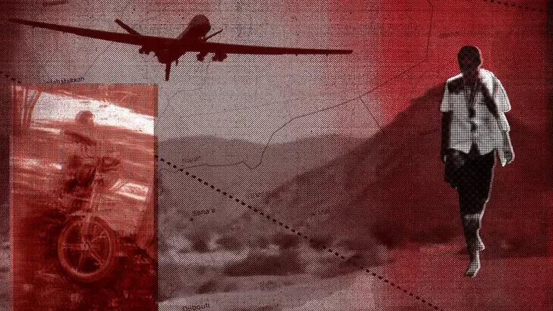 A photo illustration depicting a motorcycle, Yemeni boy and drone in a Yemen landscape. Image by Peter Hamlin from AP Photo Illustration. A photo illustration depicting a motorcycle, Yemeni boy and drone in a Yemen landscape. Image by Peter Hamlin from AP Photo Illustration.
