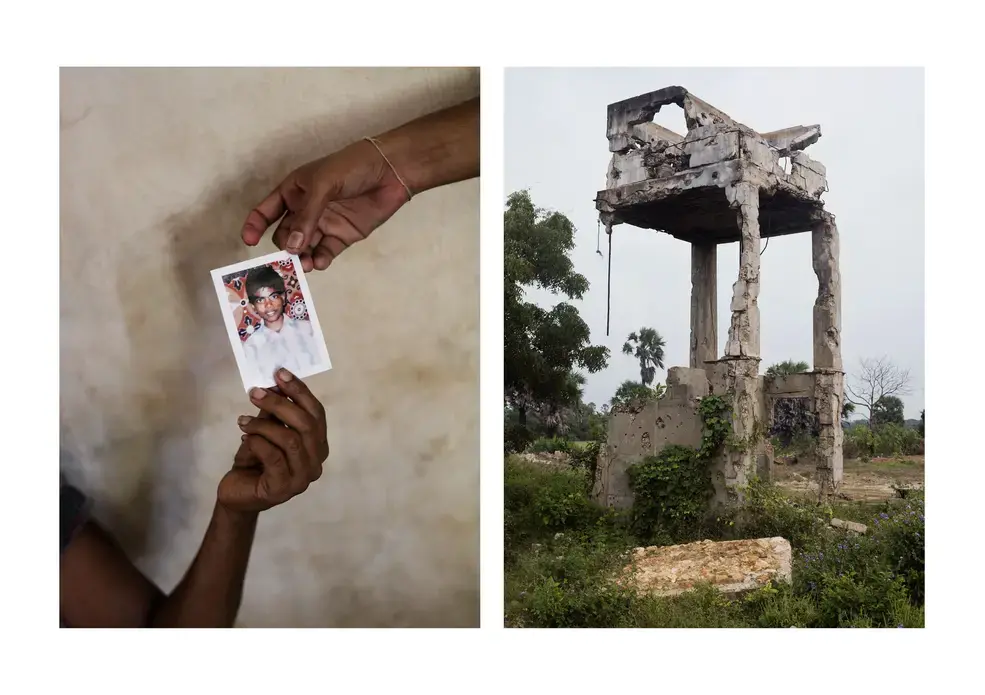 Diptych. Left: Jeyarani Vaiththeeswaran and her daughter hold a photograph of their missing son and brother, Antany. Antany has been missing since 2009 after being captured by the Sri Lankan Army as the family was fleeing air bombardment of their village during the last days of the Civil War. She and her family also lost their land after the Army occupied their fields. Jeyarani now lives in Keppapulavu with the rest of her family in a makeshift home and is forced to work at a peanut farm to make ends meet. Right: The ruins of a destroyed school remain on a field along the former front line on the outskirts of Jaffna. Images by © Moises Saman/Magnum Photos with support from the Pulitzer Center. Sri Lanka, 2018. Diptych. Left: Jeyarani Vaiththeeswaran and her daughter hold a photograph of their missing son and brother, Antany. Antany has been missing since 2009 after being captured by the Sri Lankan Army as the family was fleeing air bombardment of their village during the last days of the Civil War. She and her family also lost their land after the Army occupied their fields. Jeyarani now lives in Keppapulavu with the rest of her family in a makeshift home and is forced to work at a peanut farm to make ends meet…