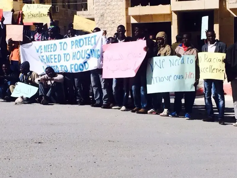 Sudanese protesters in front of the UNHCR offices in Amman. Image courtesy of Sudanese refugee community. Jordan, 2014. Media file: img_0051_2.jpg