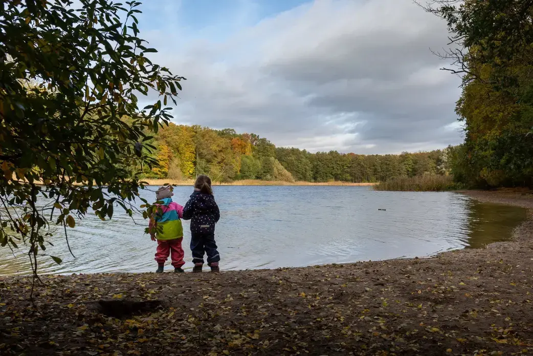 Two children observe a lake in the Grunewald, a public forest in western Berlin, Germany, on Oct. 24. The children attend Waldkita Fila, a forest preschool, which focuses on free play and exploration in nature. Image by Ryan Delaney. Germany, 2020.