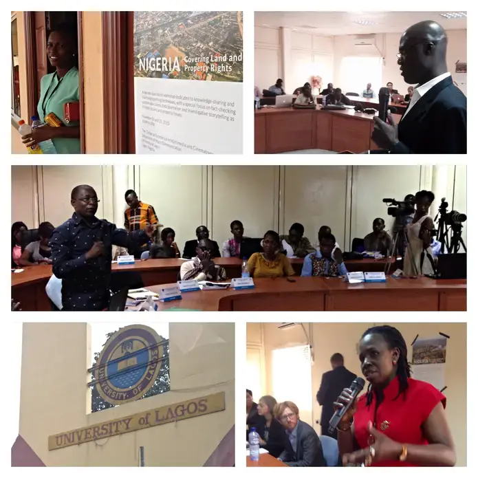 Nigerian journalists discuss covering land and property rights issues in Lagos during a two-day workshop co-hosted by the Pulitzer Center and the University of Lagos School of Mass Communications. Images by Steve Sapienza. Nigeria, 2015. Media file: nigeria_workshop_collage.jpg