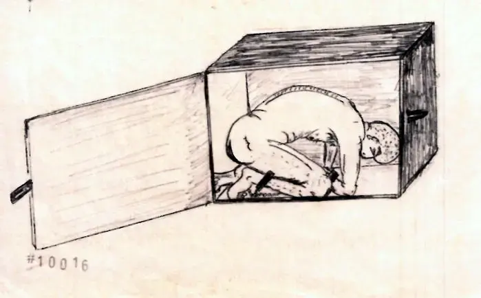 An image drawn by Abu Zubaydah, a prisoner at Guantánamo Bay, shows how the C.I.A. applied an approved torture technique called “cramped confinement.” Image by Abu Zubaydah, courtesy of Mark P. Denbeaux. An image drawn by Abu Zubaydah, a prisoner at Guantánamo Bay, shows how the C.I.A. applied an approved torture technique called “cramped confinement.” Image by Abu Zubaydah, courtesy of Mark P. Denbeaux.