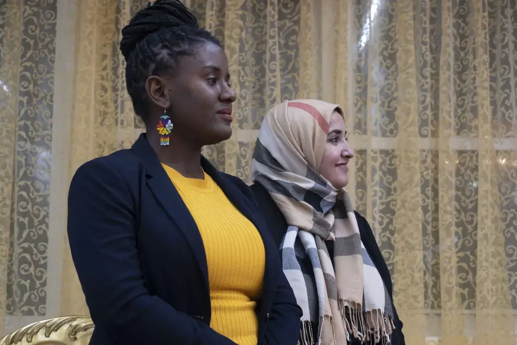 Genesis Aquino and Somia Elrowmeim at Aquino's campaign launch party. Image by Hana Elias. United States, 2019.