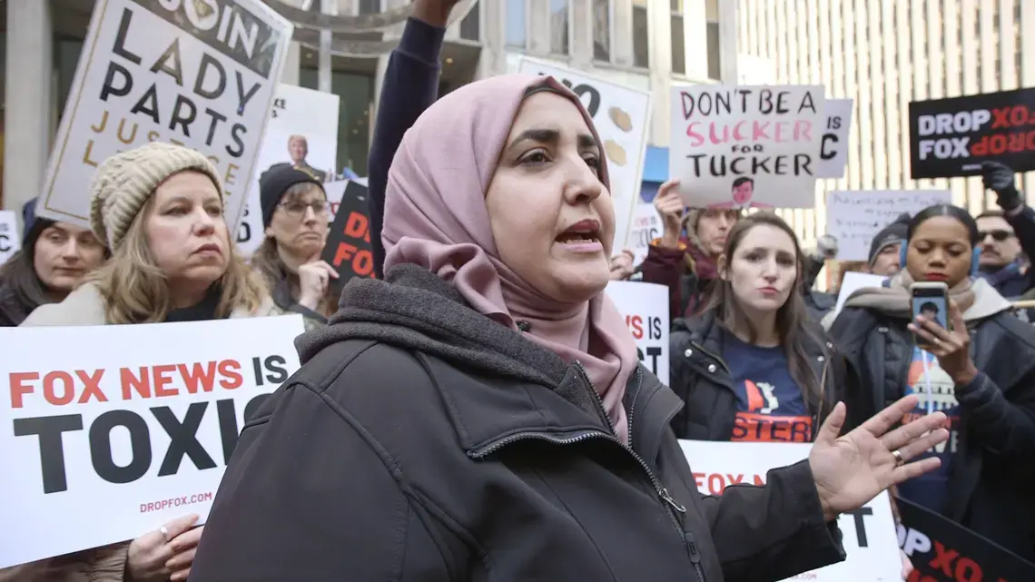 Somia Elrowmeim speaking at a protest in front of Fox News Headquarters Media file: still_somia_fox_rally.jpg
