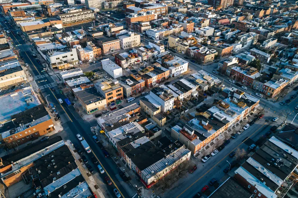 Aerial view of Highlandtown in Baltimore, Maryland. Image by Jon Bilous / Shutterstock. United States, undated. Aerial view of Highlandtown in Baltimore, Maryland. Image by Jon Bilous / Shutterstock. United States, undated.