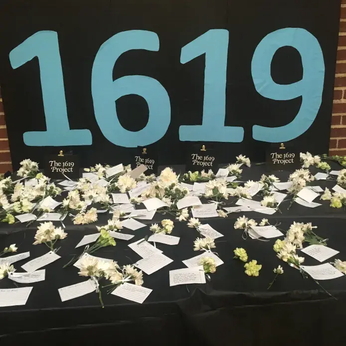 A reflection table at Eastern Senior High School in Washington, DC captures students' reflections to a day-long student-devised event inspired by The 1619 Project. Image by Meerabelle Jesuthasan. United States, 2019. Media file: eastern_hs_2.jpg