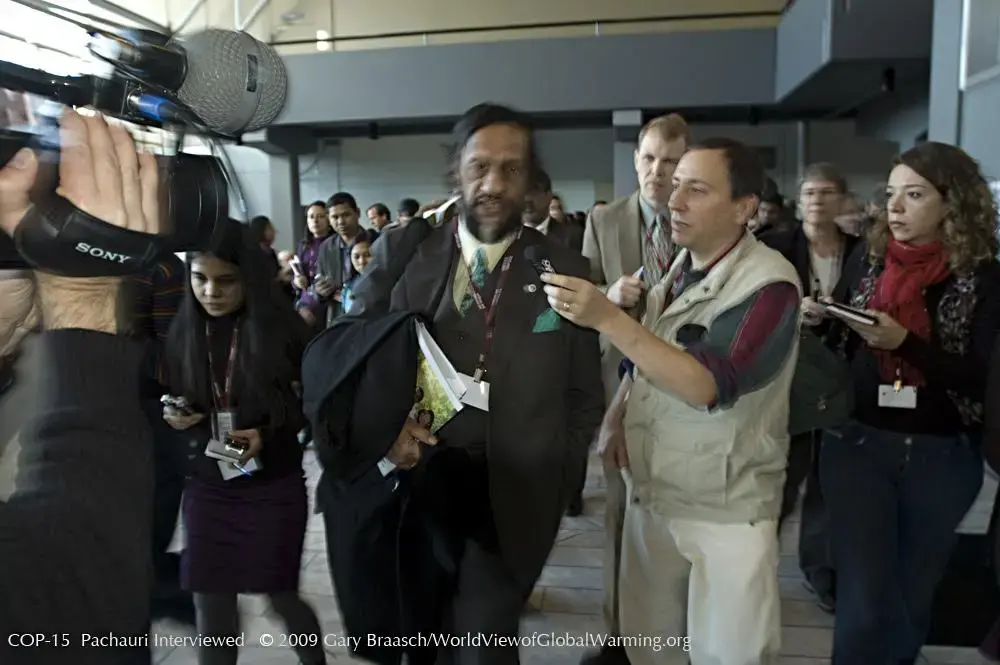 Daniel Grossman interviewing then-Chairman of the IPCC Rajendra Pachauri in 2009. Image by Gary Braasch. Paris, 2015. Media file: unnamed.jpg