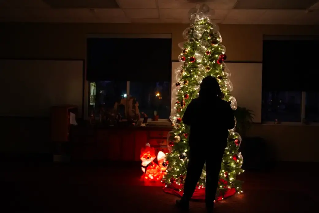A Memphis victim of domestic violence stands in the glow of a Christmas tree in a Mid-South shelter. She escaped her abuser but is isolated from family over the holidays. Severe cases of domestic violence are on the rise during the pandemic. Image by Karen Pulfer Focht/Special to Daily Memphian. United States, 2020. A Memphis victim of domestic violence stands in the glow of a Christmas tree in a Mid-South shelter. She escaped her abuser but is isolated from family over the holidays. Severe cases of domestic violence are on the rise during the pandemic. Image by Karen Pulfer Focht/Special to Daily Memphian. United States, 2020.