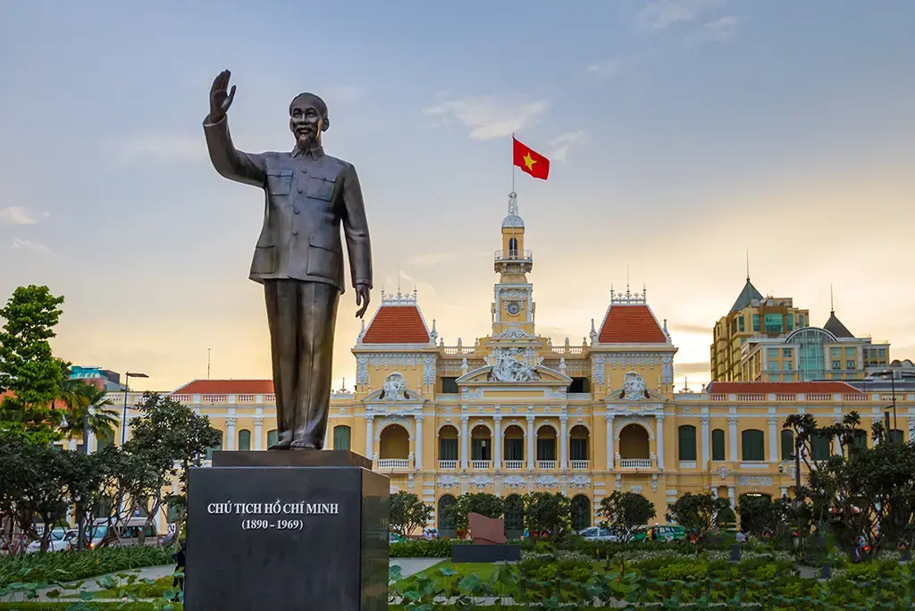 Ho Chi Minh statue in front of City Hall, Saigon, Ho Chi Minh City, Vietnam. Image by Shutterstock. Vietnam, 2018. Ho Chi Minh statue in front of City Hall, Saigon, Ho Chi Minh City, Vietnam. Image by Shutterstock. Vietnam, 2018.