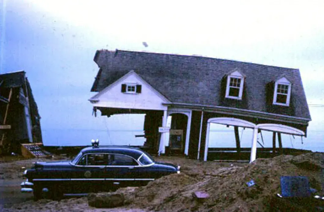 1954: A home on Falmouth Heights was destroyed by Hurricane Carol. Image courtesy of Falmouth Historical Society. United States, 1954.