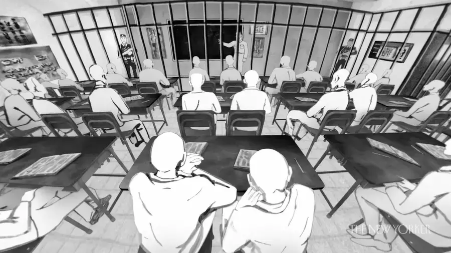 Black and white illustration from the back of a Xinjiang prison camp "classroom." We can see the backs of dozens of men sitting two to a desk. In front of them are cell bars. On the other side of the bars there are guards and a blackboard.