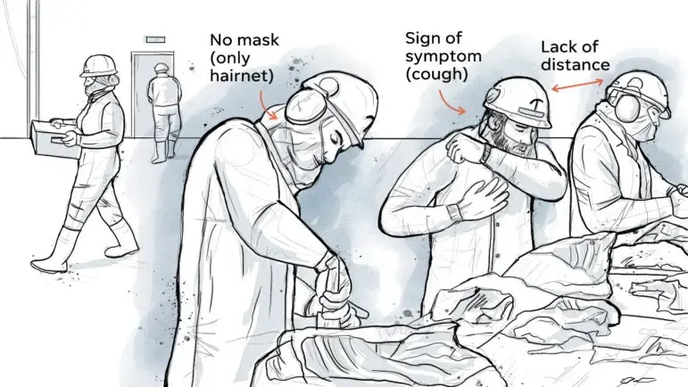A black and white illustration of three meatpacking workers lined up at a table with carving up cow carcasses. One is not wearing a mask, the next is coughing into his elbow, and the final man is too close to the worker next to him.