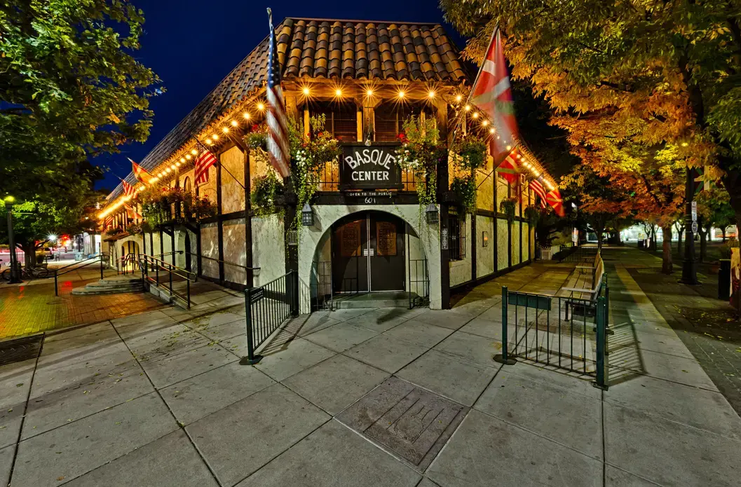 Image of the outside of the Boise Basque Museum at night.