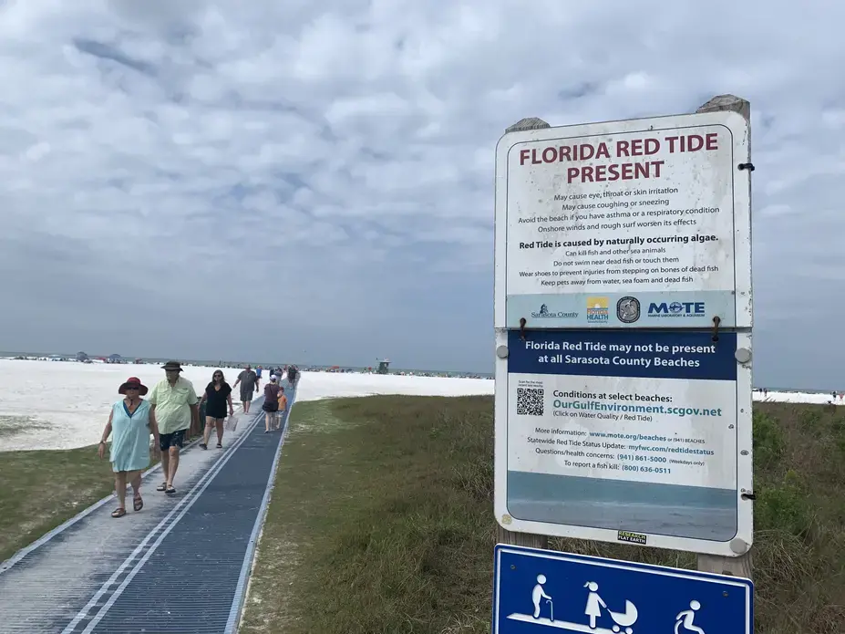 A sign reads "Florida Red Tide Present" in front of pedestrians walking to and from Siesta Beach in Florida.