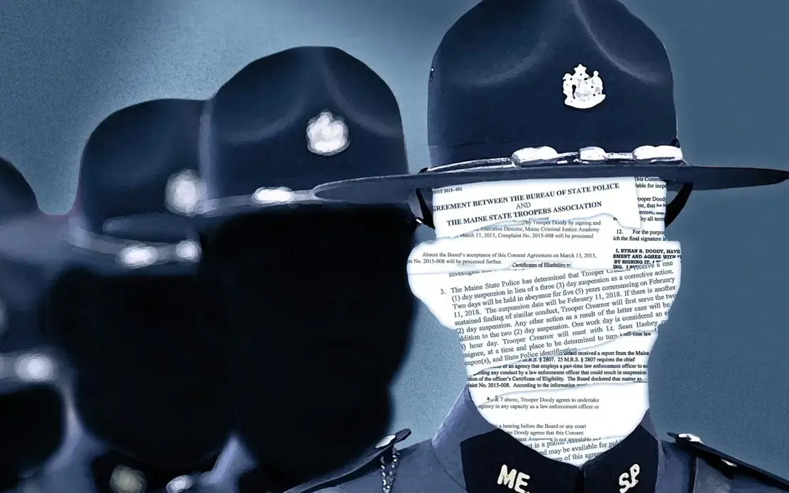 Illustration of the outlines of police officers. One officer's face is filled in with text from official documents.