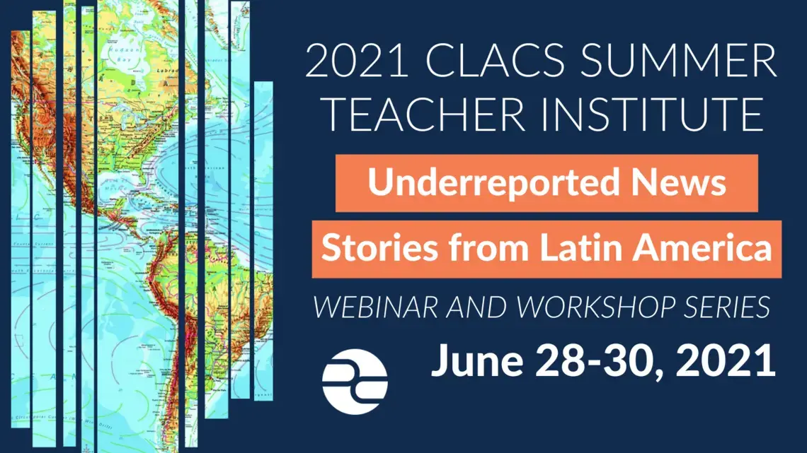 Graphic with the title and dates for the institute for teachers that includes a map of Latin America