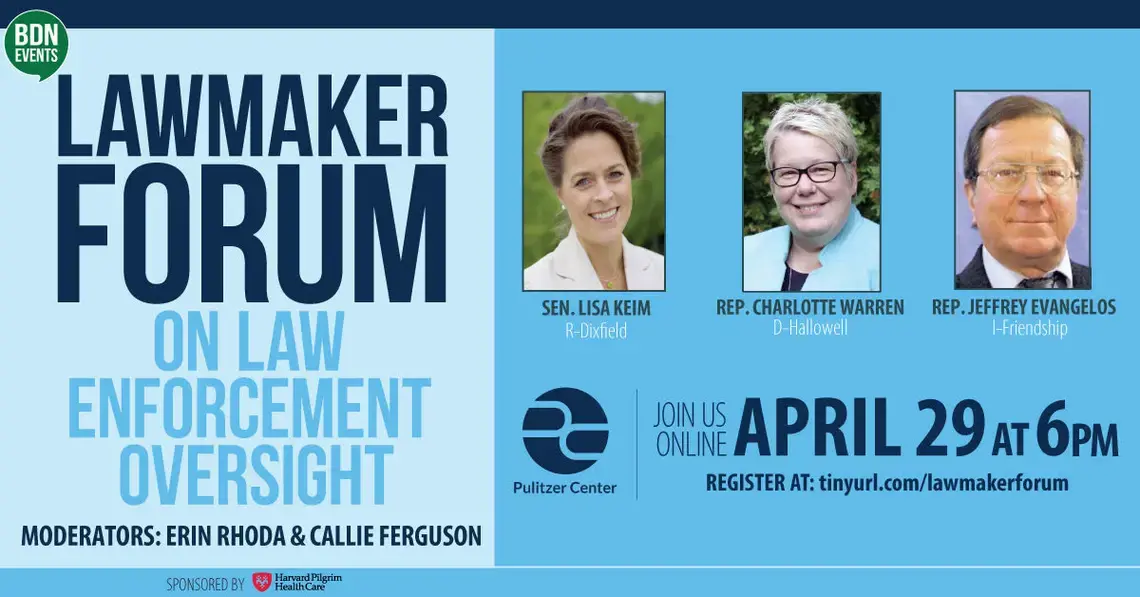 Promotional image for the event "Lawmaker Forum of Law Enforcement Oversight" with event information and photos of the lawmaker panelists.