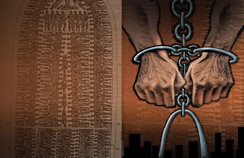Illustrations of people imprisoned on a slave ship and hands in chains.