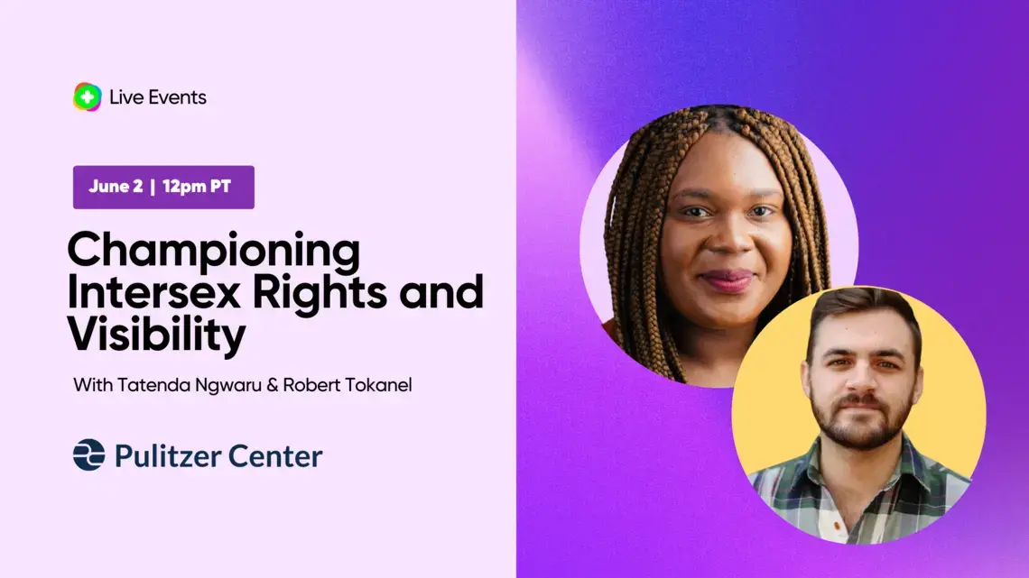 16X9_Activism_Pulitzer_Center 2.png Purple graphic with headshot photos of Tatenda Ngwaru and Robert Tonkel on the right, and event details on the left including date, time, and title.,