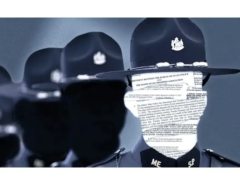 A collage of police records superimposed over state troopers' faces. Photo illustration by Coralie Cross/BDN. United States, 2021.