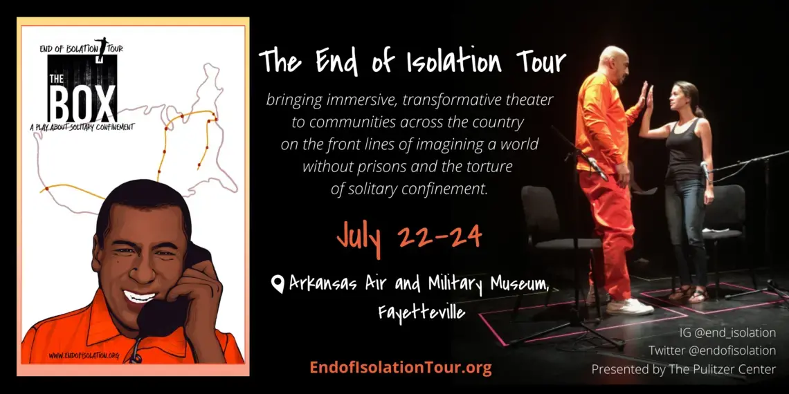 Graphic announcing 'The Box' End of Isolation performance in Fayetteville, AK