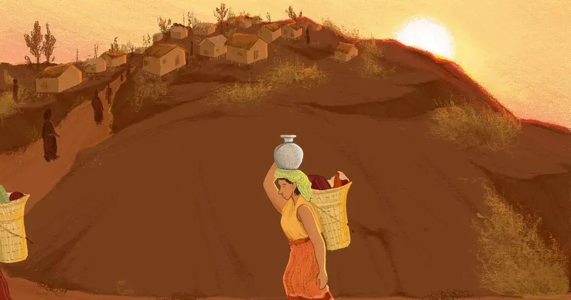 Common Ground A drawing of a woman carrying water in a carafe on her head and supplies in a basket on her back