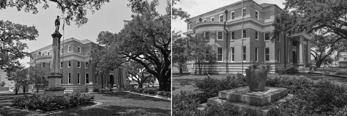 Left: A statue of a  man on an obelisk outside of a large brick home. Right: A flower pot where this man once stood.