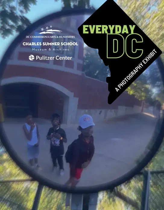 Everyday DC photography exhibition post card featuring an email of students taking a picture of a rearview mirror with their reflection in it.