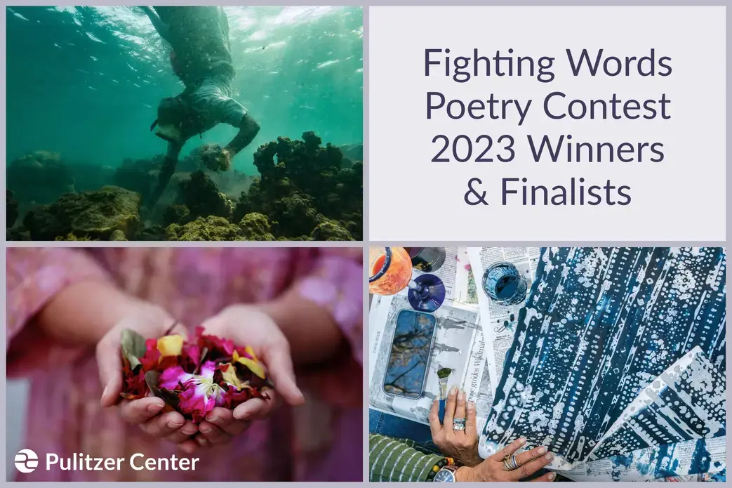 Graphic for the 2023 Fighting Words Poetry Contest, showing images from select news stories that students responded to in their poem.s