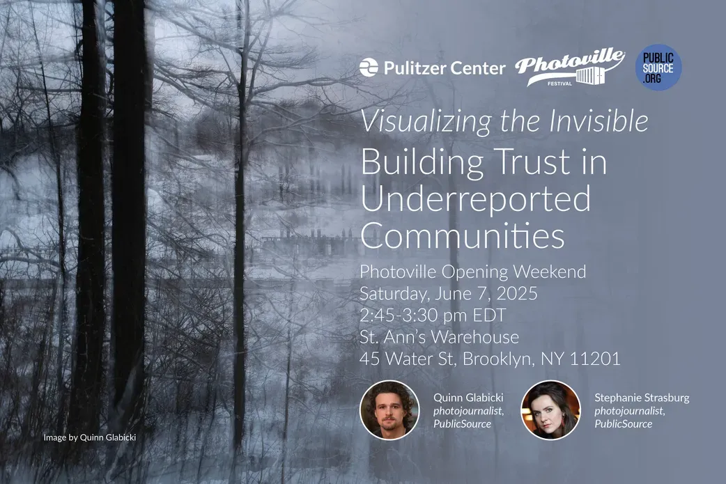 Event title overlayed on black and white image of trees &amp; pollution
