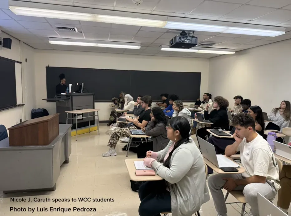 Nicole J Caruth speaks to WCC students