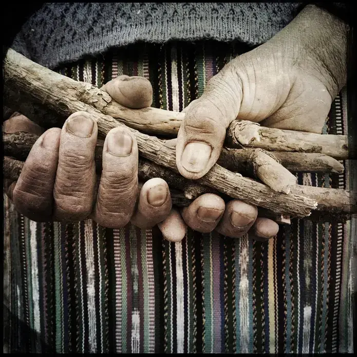 San Lorenzo: These are the hands of Juana Juarez Agustine, 63, holding wood that will be used to light a traditional chuj or sauna. Image by Lynn Johnson. Guatemala, 2017.