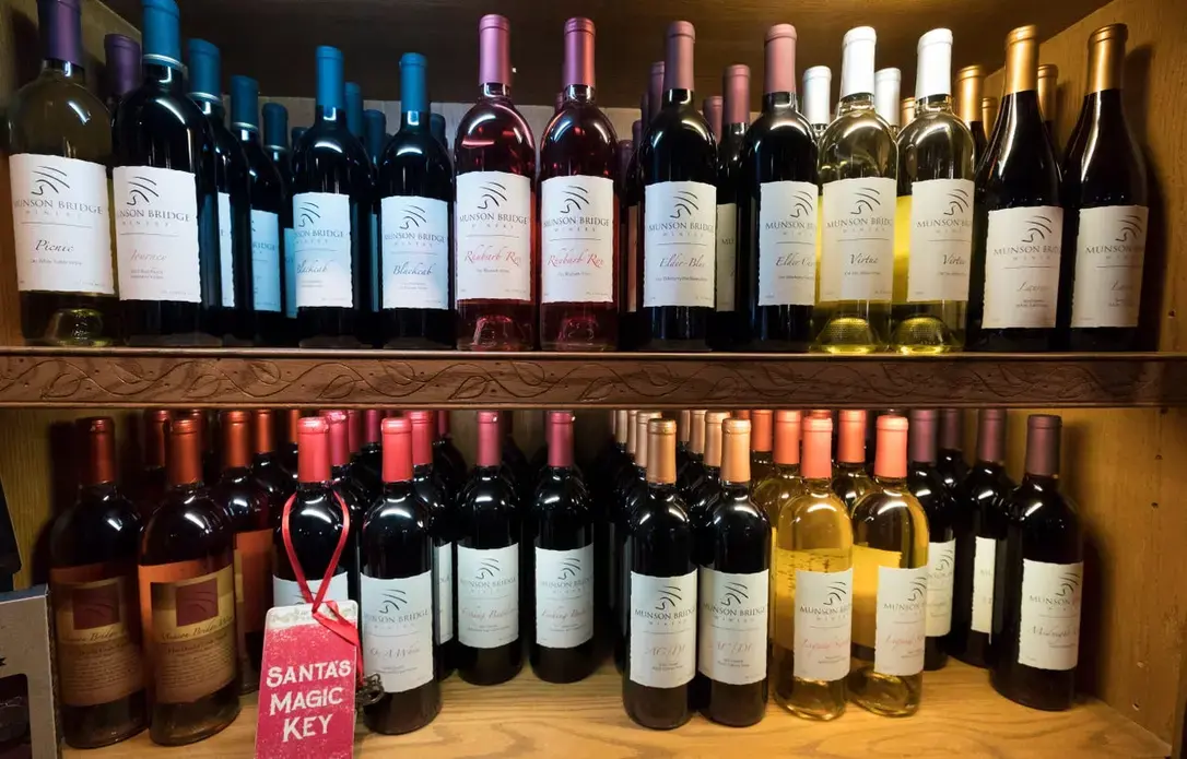 A selection of wine for sale at Munson Bridge Winery in Withee. Image by Mark Hoffman. United States, 2019.