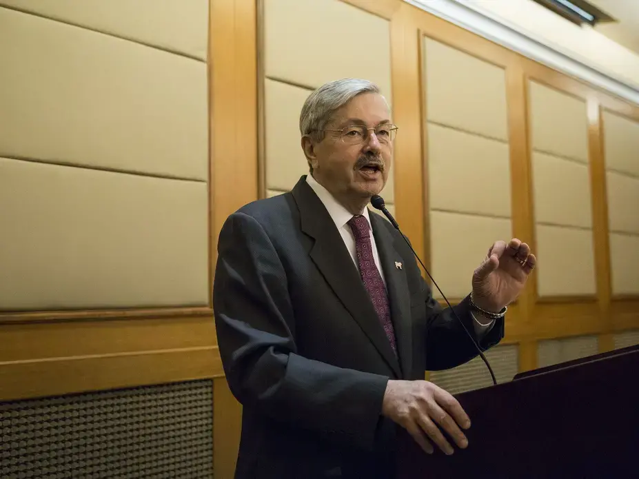 Terry Branstad, U.S. ambassador to China gives a short speech during an Iowa Sister States reception on Wednesday, Sept. 20, 2017, in Beijing, China.  Image by Kelsey Kremer. China, 2017.