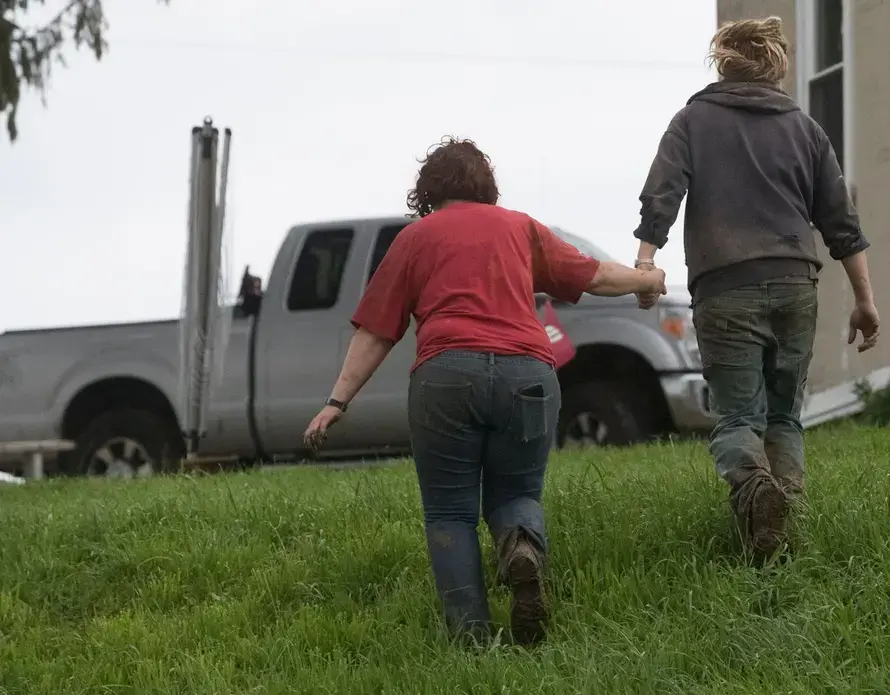 Brandi and Emily Harris walk to their truck to check on two cows that got loose while being loaded onto a truck. Image by Mark Hoffman. United States, 2019.