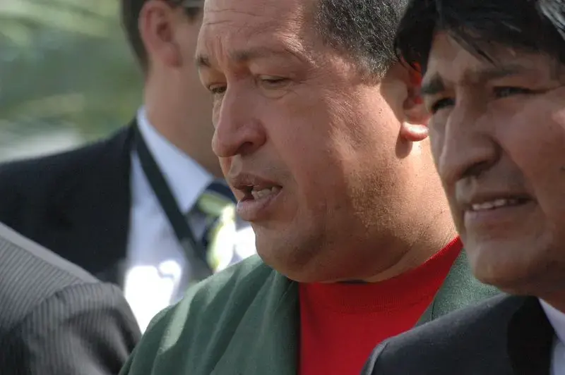 Venezuelan president Hugo Chavez (left) joins Bolivian president Evo Morales at the closing ceremony of the Cochabamba climate conference. Media file: 6a00d834520a2e69e20134801afbcd970c-800wi.jpg