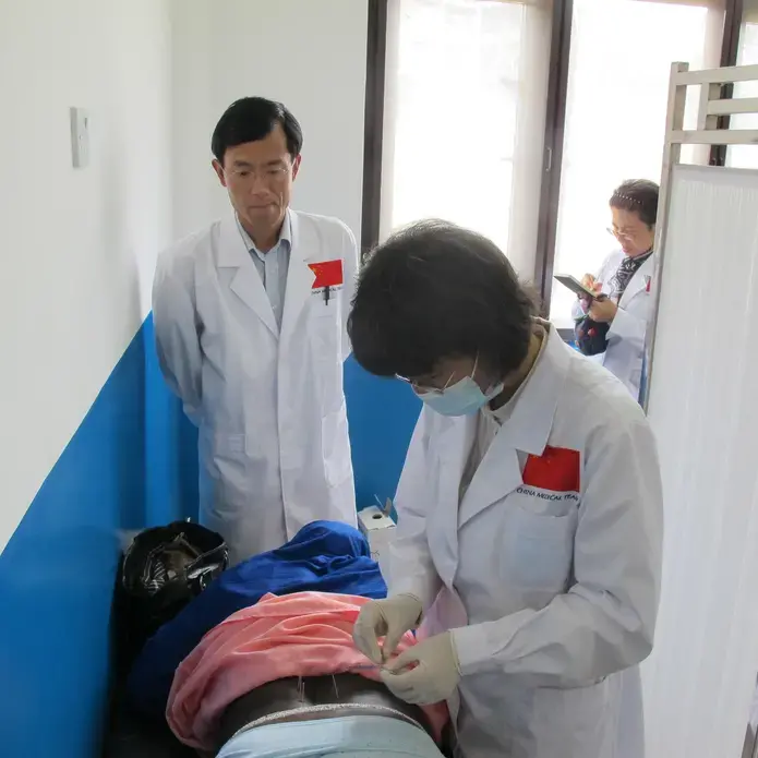 Chinese doctor Cao Guihua looks on as the acupuncturist from China's medical team in Uganda works on a patient in Kampala. Image by Kathleen E. McLaughlin. Uganda, 2012. Media file: Chineseteam.jpg
