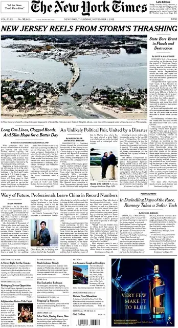 The November 1, 2012, New York Times Front Page Print Edition Image from NYTimes.com, 2012. Media file: NY Times.jpg