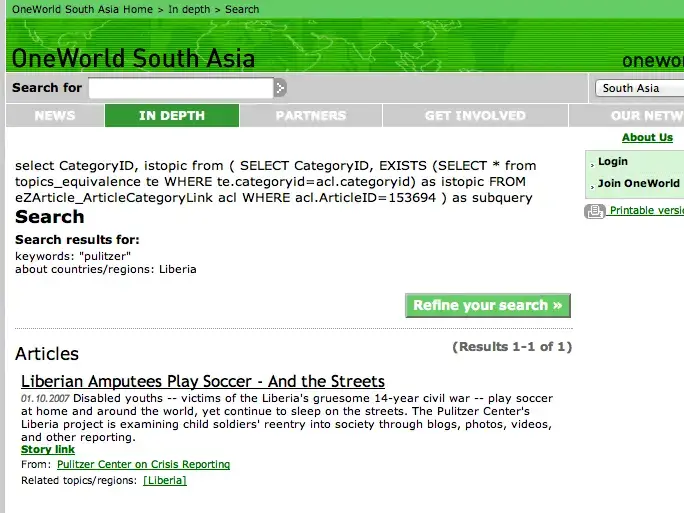 A screenshot of the OneWorld.net website, highlighting the Pulitzer Center's reporting on Liberia. Media file: One-World-Pulitzer-Center.png