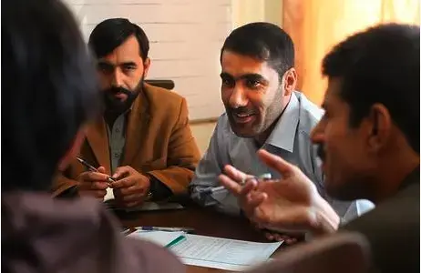 News director Danish Karokhel, center, leads an editors' meeting at the Pajhwok Afghan News agency. Image by Kathleen Flyn. Afghanistan. 2010. Media file: Picture 1_10418.jpg