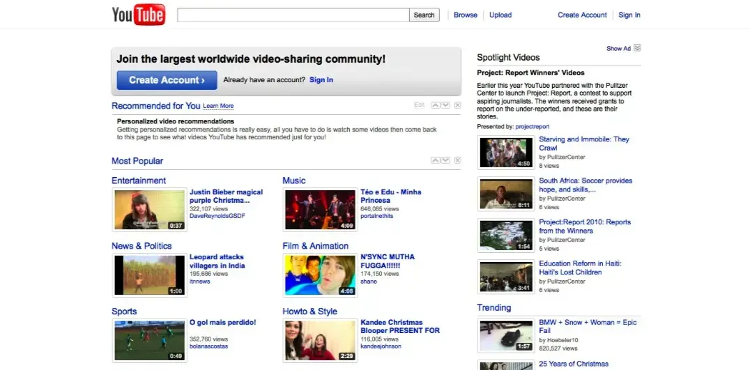 YouTube's homepage on December 28, 2010.