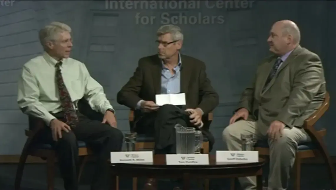 Kenneth R. Weiss, Tom Hundley, and Geoffrey D. Dabelko discuss the impact of population growth on natural resources, food supply, and conflict. Image from the Wilson Center video. USA, 2012. Media file: Screen Shot 2012-10-16 at 10.32.02 AM.jpg